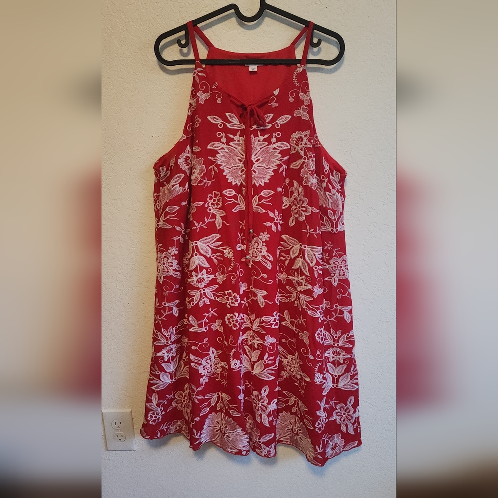 Red Sleeveless Dress with White Floral Embroidery